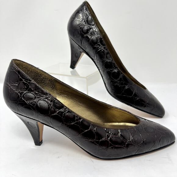 Amalfi MONICA Leather Italy Women Size 4.5 B Vintage Croc Style Pump Heels VTG - Picture 1 of 10